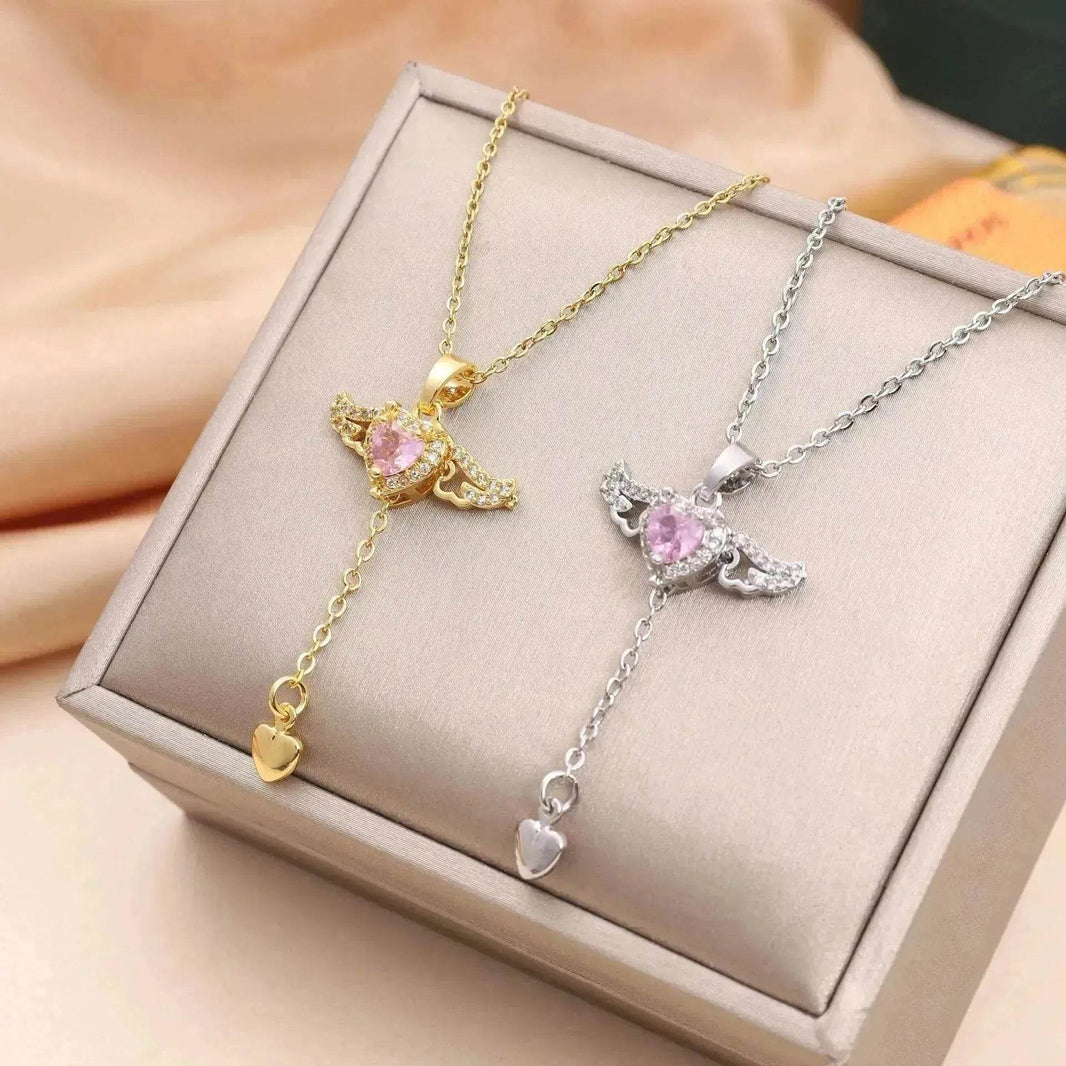 Moving Cupid Heart Angel Wings Tassel Necklace With Crystal Clavicle Chain Women Jewelry Gift Valentine's Day - EX-STOCK Canada