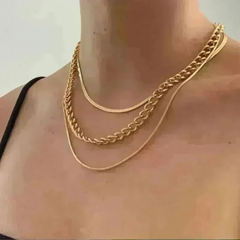 Multi-Layer Thick Chain Stacking Necklace Personality Three-Layer Clavicle Chain Gold Necklace for Women - EX-STOCK CANADA