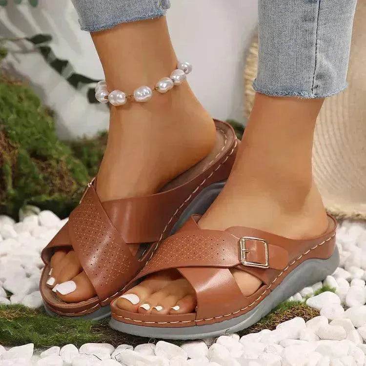 New Buckle Cross-design Slippers Summer Wedges Sandals Fashion Women's Beach Shoes - EX-STOCK Canada