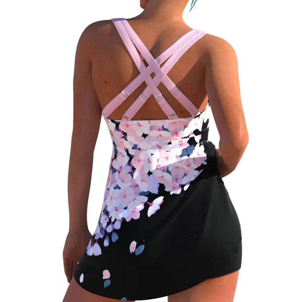 New European And American Plus Size Cherry Blossom Cross Strap Multi-color Skirt Split Women's Swimsuit - EX-STOCK Canada