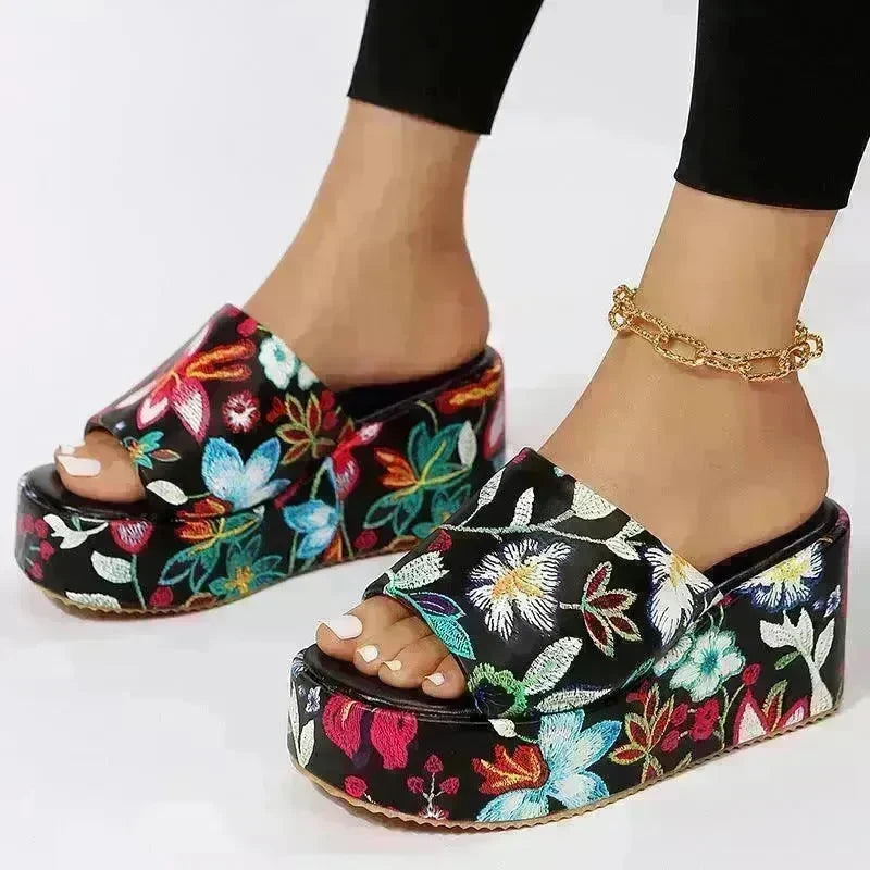 New Round Toe Wedge Embroidered Classic Embroidery Slippers For Women - EX-STOCK CANADA
