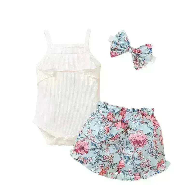 New Summer Baby Girl Suit Cotton Sleeveless Top Floral Pant Bow Tie Children Clothing - EX-STOCK CANADA