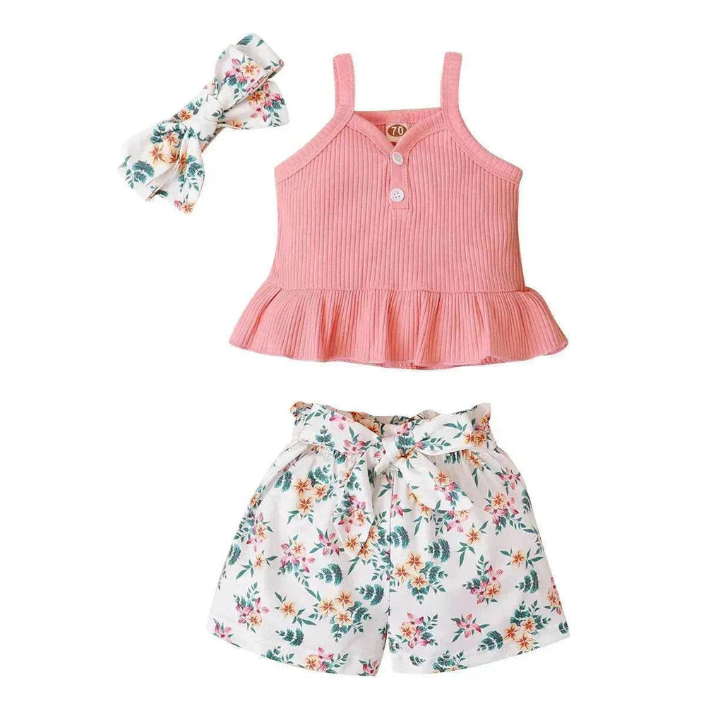 New Summer Baby Girl Suit Cotton Sleeveless Top Floral Pant Bow Tie Children Clothing - EX-STOCK Canada