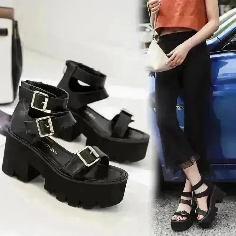 New Summer Roman Style European and American Ladies Ankle buckle Leather High Heel Wedge Black sandals . - EX-STOCK CANADA