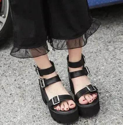 New Summer Roman Style European and American Ladies Ankle buckle Leather High Heel Wedge Black sandals . - EX-STOCK Canada