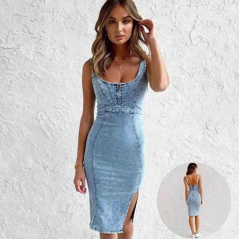 New U-neck Suspender Denim Dress Summer Casual Tight Slim Fit Dresses With Slit Design Womens Clothing Blue / 2XL