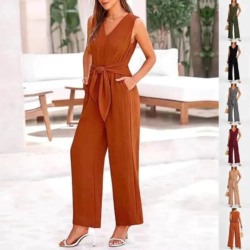 New V-neck Sleeveless Long Jumpsuit With Pockets And Lace-up Design Wide-leg Straight Trousers Summer Womens Clothing - EX-STOCK Canada