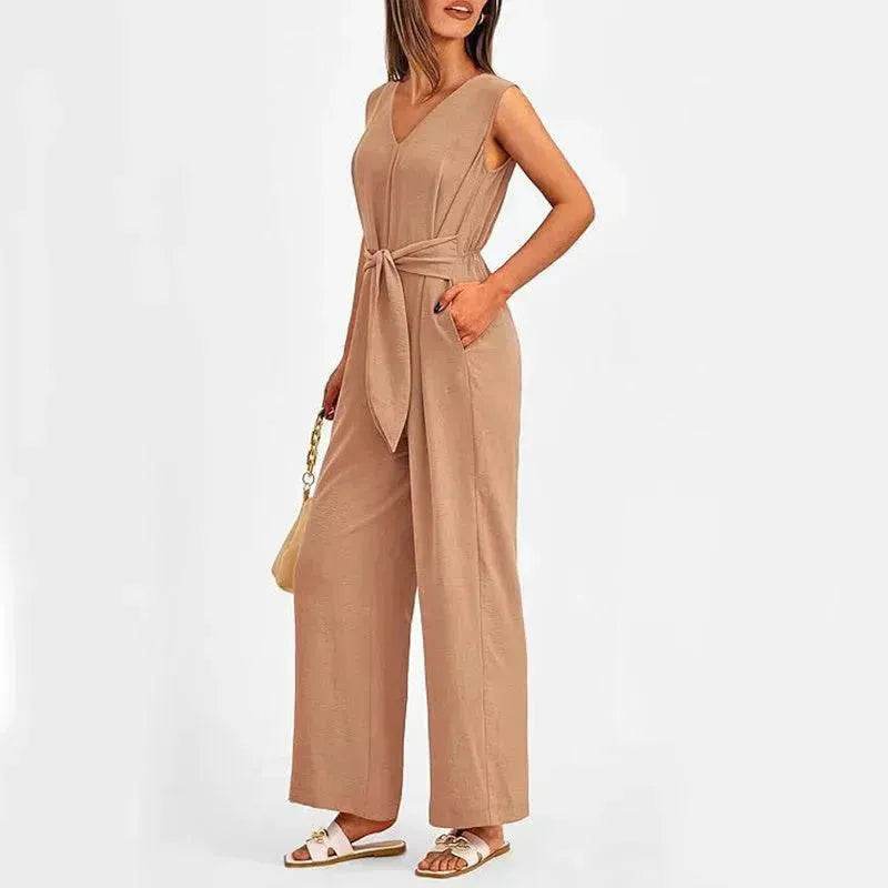 New V-neck Sleeveless Long Jumpsuit With Pockets And Lace-up Design Wide-leg Straight Trousers Summer Womens Clothing - EX-STOCK Canada