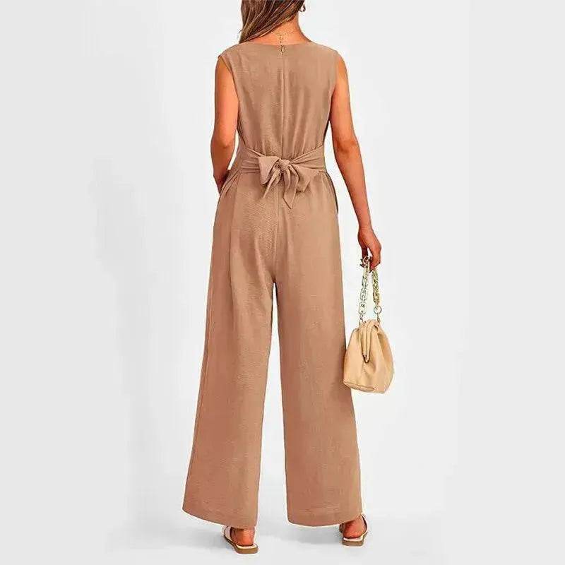 New V-neck Sleeveless Long Jumpsuit With Pockets And Lace-up Design Wide-leg Straight Trousers Summer Womens Clothing - EX-STOCK Canada