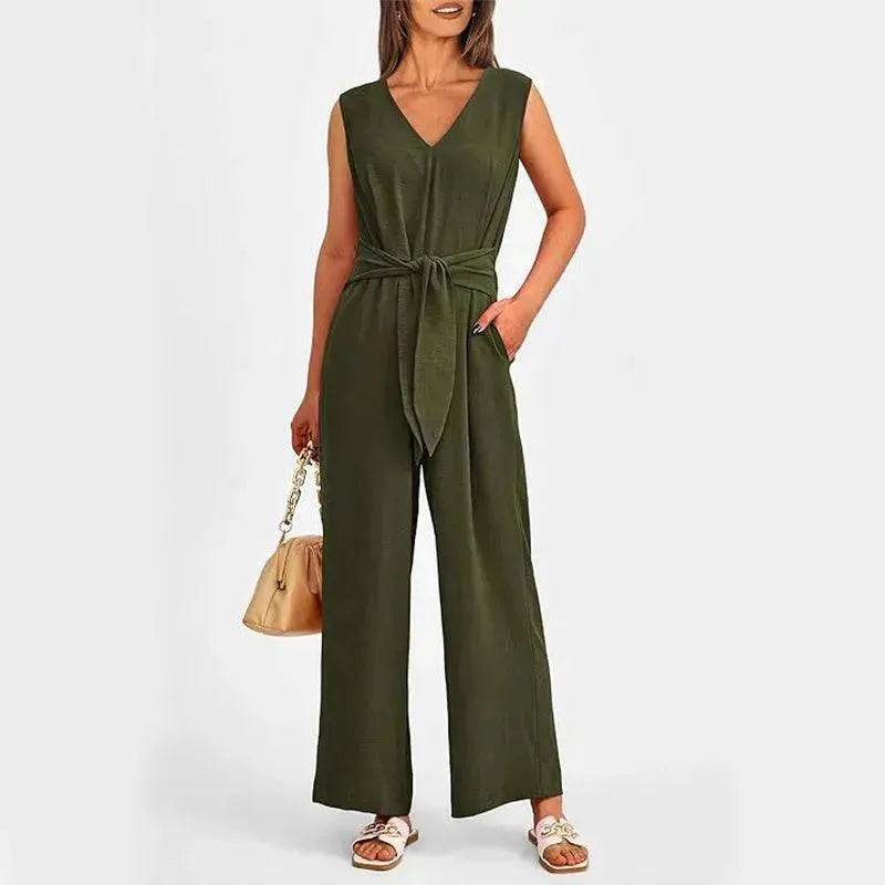 New V-neck Sleeveless Long Jumpsuit With Pockets And Lace-up Design Wide-leg Straight Trousers Summer Womens Clothing - EX-STOCK Canada