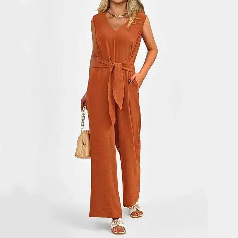 New V-neck Sleeveless Long Jumpsuit With Pockets And Lace-up Design Wide-leg Straight Trousers Summer Womens Clothing - EX-STOCK Canada