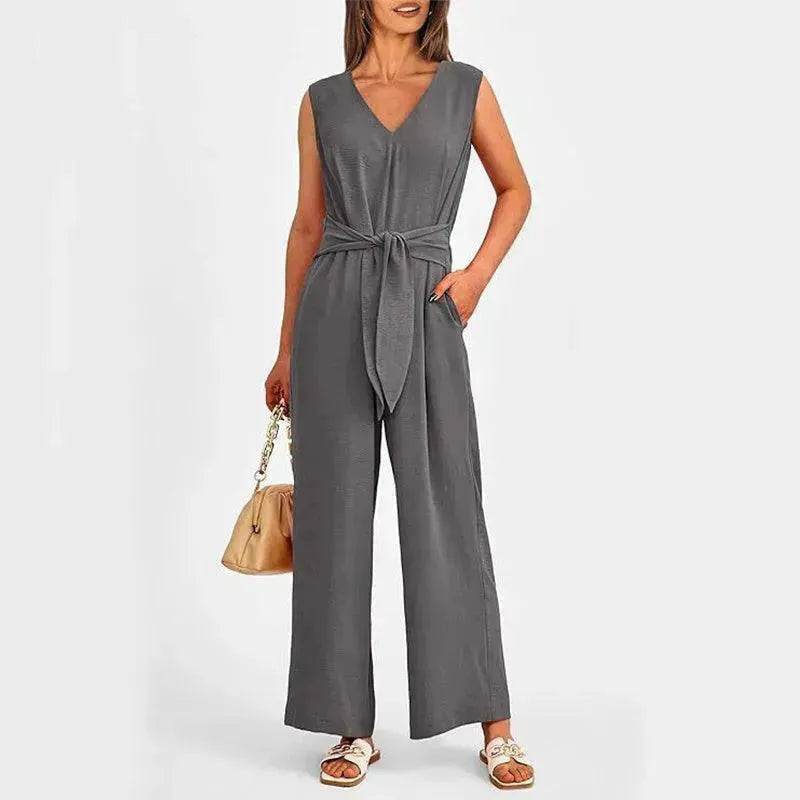 New V-neck Sleeveless Long Jumpsuit With Pockets And Lace-up Design Wide-leg Straight Trousers Summer Womens Clothing - EX-STOCK Canada