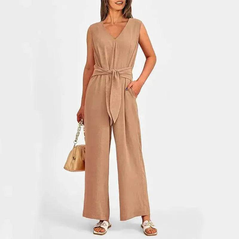 New V-neck Sleeveless Long Jumpsuit With Pockets And Lace-up Design Wide-leg Straight Trousers Summer Womens Clothing - EX-STOCK Canada