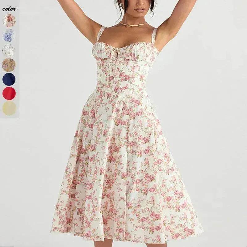 New Spring Summer Floral Midi Dress Spaghetti Strap Slit Midi Flared Gown - EX-STOCK Canada