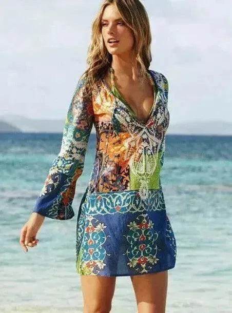 New Women'S Wear Europe And America Charming V-Neck Chiffon Long Sleeve Printed Beach Skirt Skirt - EX-STOCK Canada