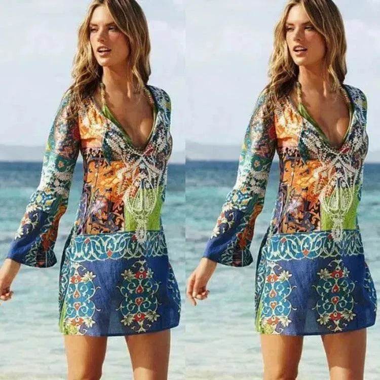 New Women'S Wear Europe And America Charming V-Neck Chiffon Long Sleeve Printed Beach Skirt Skirt - EX-STOCK Canada