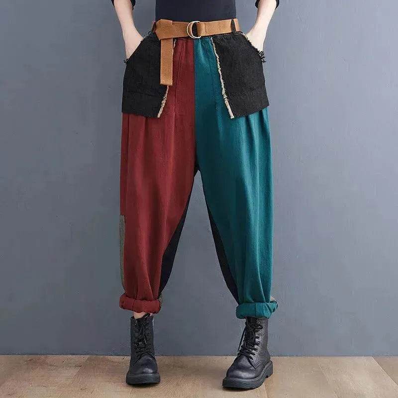 Personality Contrast Color Stitching Denim Trousers For Women - EX-STOCK Canada
