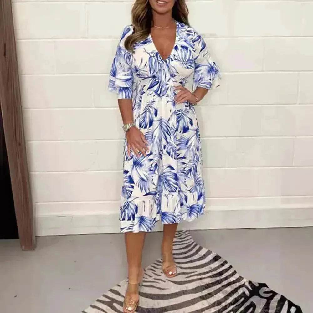 Printed Casual V-neck Long-sleeve Dress Women - EX-STOCK Canada