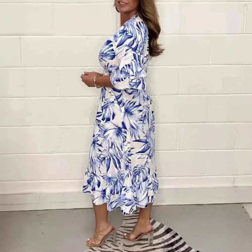 Printed Casual V-neck Long-sleeve Dress Women - EX-STOCK Canada