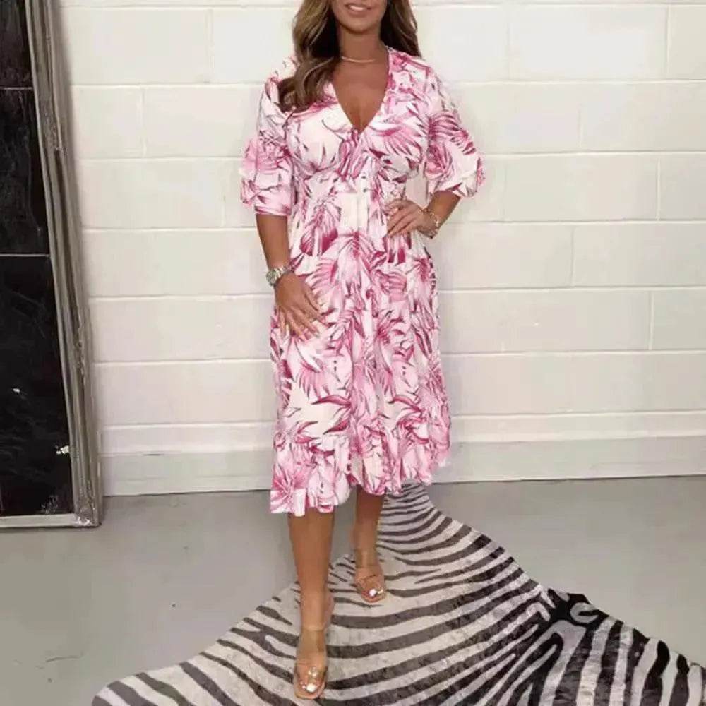 Printed Casual V-neck Long-sleeve Dress Women - EX-STOCK Canada