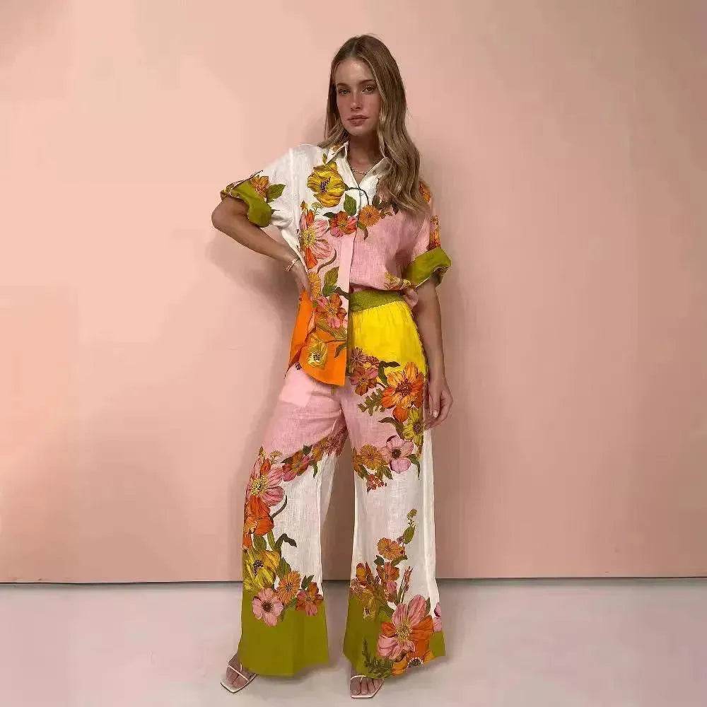 Printed Cotton And Linen Two-piece Suit Outfit Top Wide-leg Pants - EX-STOCK Canada