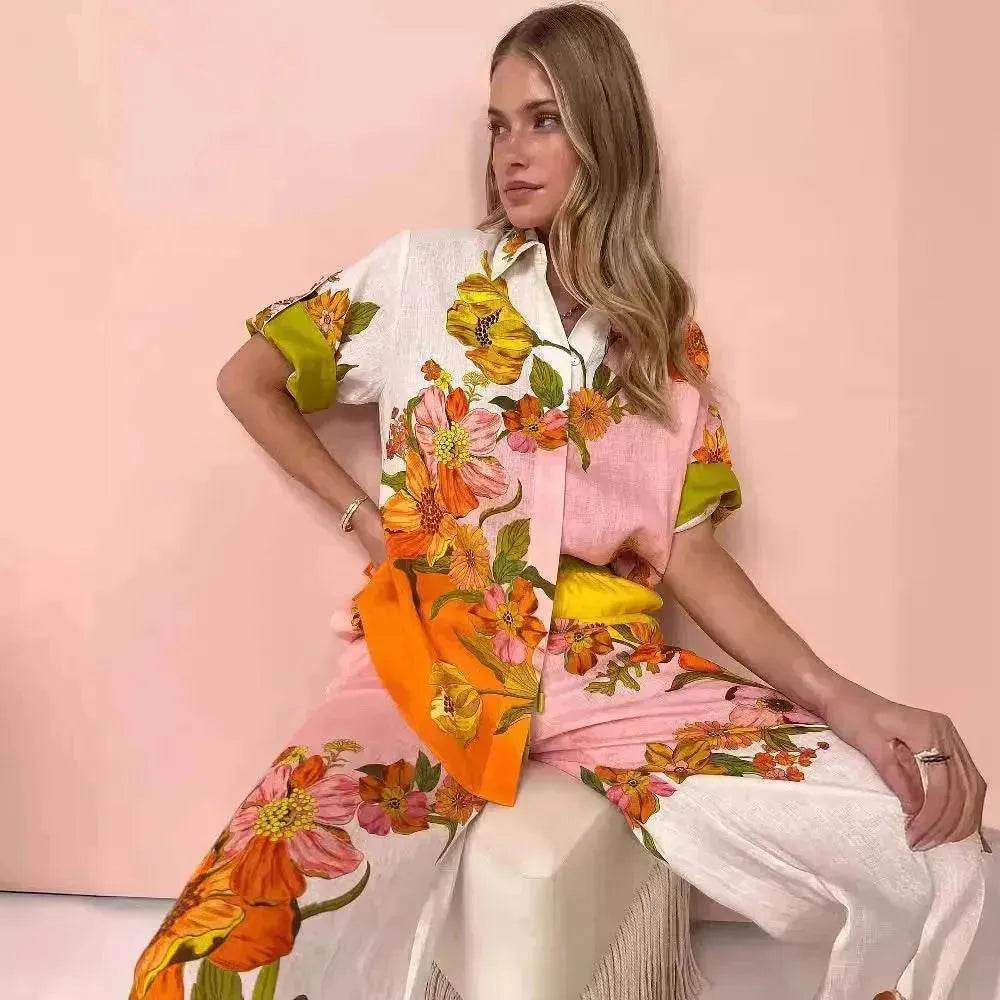 Printed Cotton And Linen Two-piece Suit Outfit Top Wide-leg Pants - EX-STOCK Canada