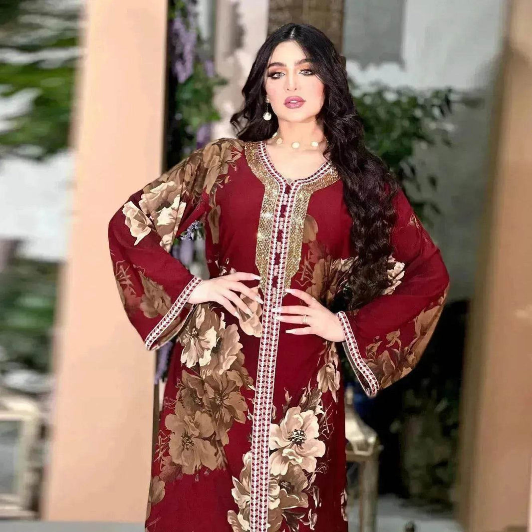 Printed Embroidered Elegant Arab Dubai Turkey Middle Eastern Sophisticated Women Abaya Dress Robe - EX-STOCK Canada