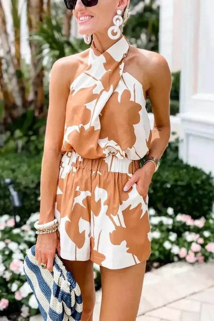 Printed Lace Up Backless Top Pocket Shorts Two-piece Suit For Women - EX-STOCK Canada