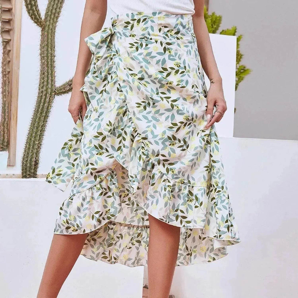 Printed Lace Up Split Expansion Midi Floral Skirt With Lining - EX-STOCK Canada