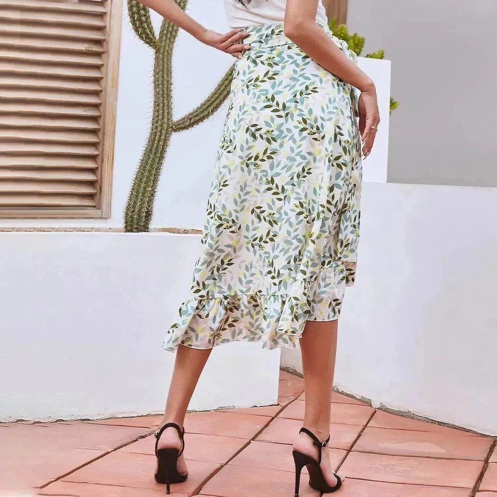 Printed Lace Up Split Expansion Midi Floral Skirt With Lining - EX-STOCK Canada