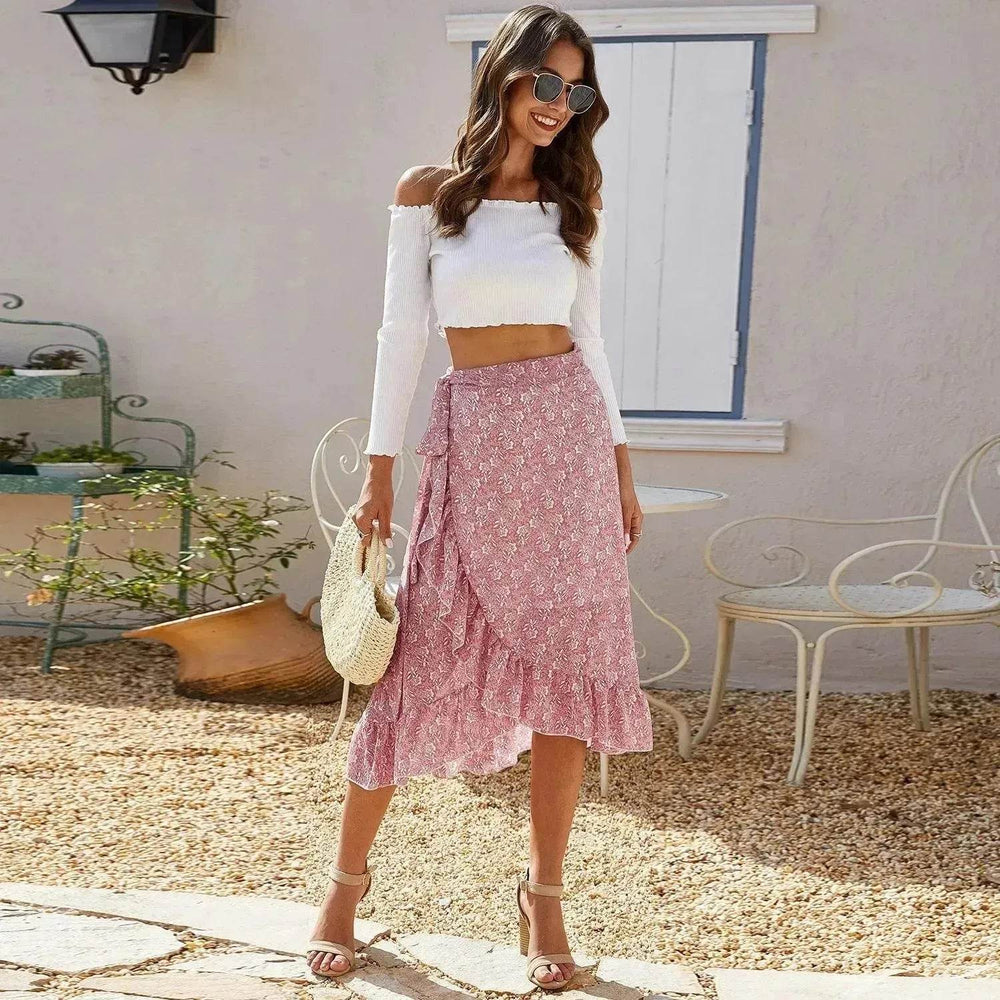 Printed Lace Up Split Expansion Midi Floral Skirt With Lining - EX-STOCK Canada