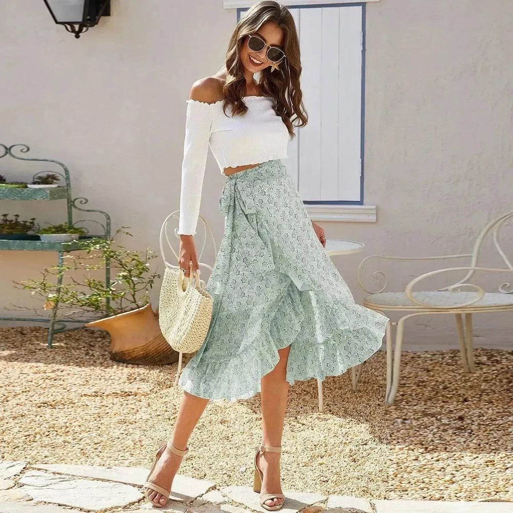Printed Lace Up Split Expansion Midi Floral Skirt With Lining - EX-STOCK Canada