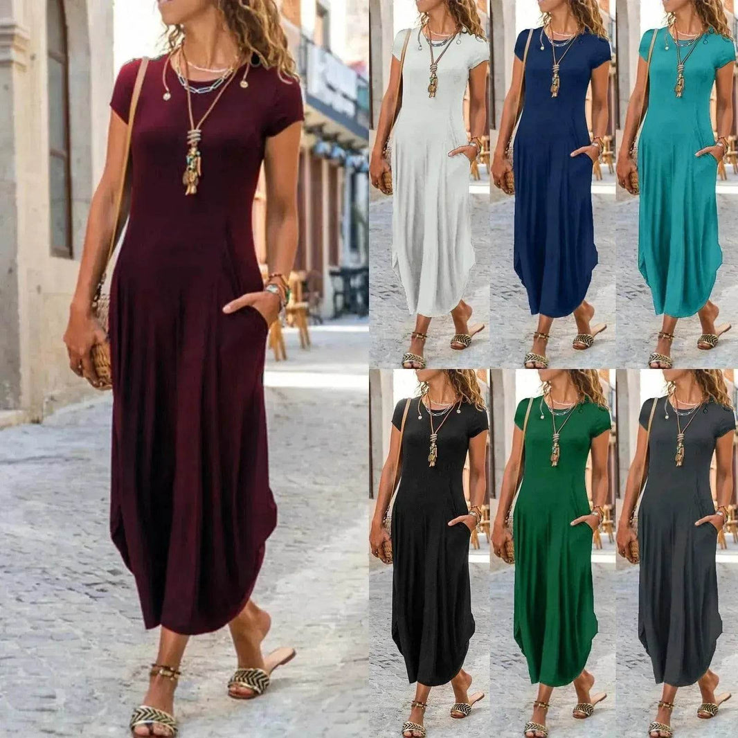 Pullover Short Sleeve Round Neck Mid Waist Solid Color Dress - EX-STOCK Canada