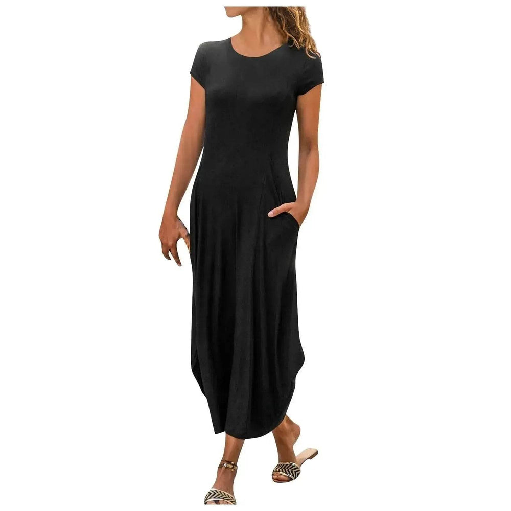 Pullover Short Sleeve Round Neck Mid Waist Solid Color Dress - EX-STOCK Canada