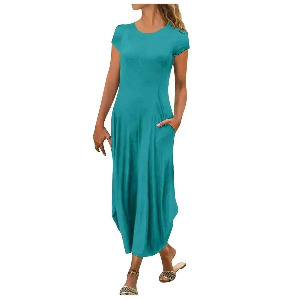Pullover Short Sleeve Round Neck Mid Waist Solid Color Dress - EX-STOCK Canada