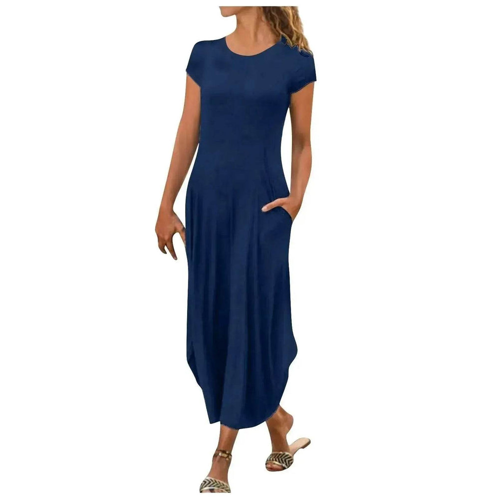 Pullover Short Sleeve Round Neck Mid Waist Solid Color Dress - EX-STOCK Canada
