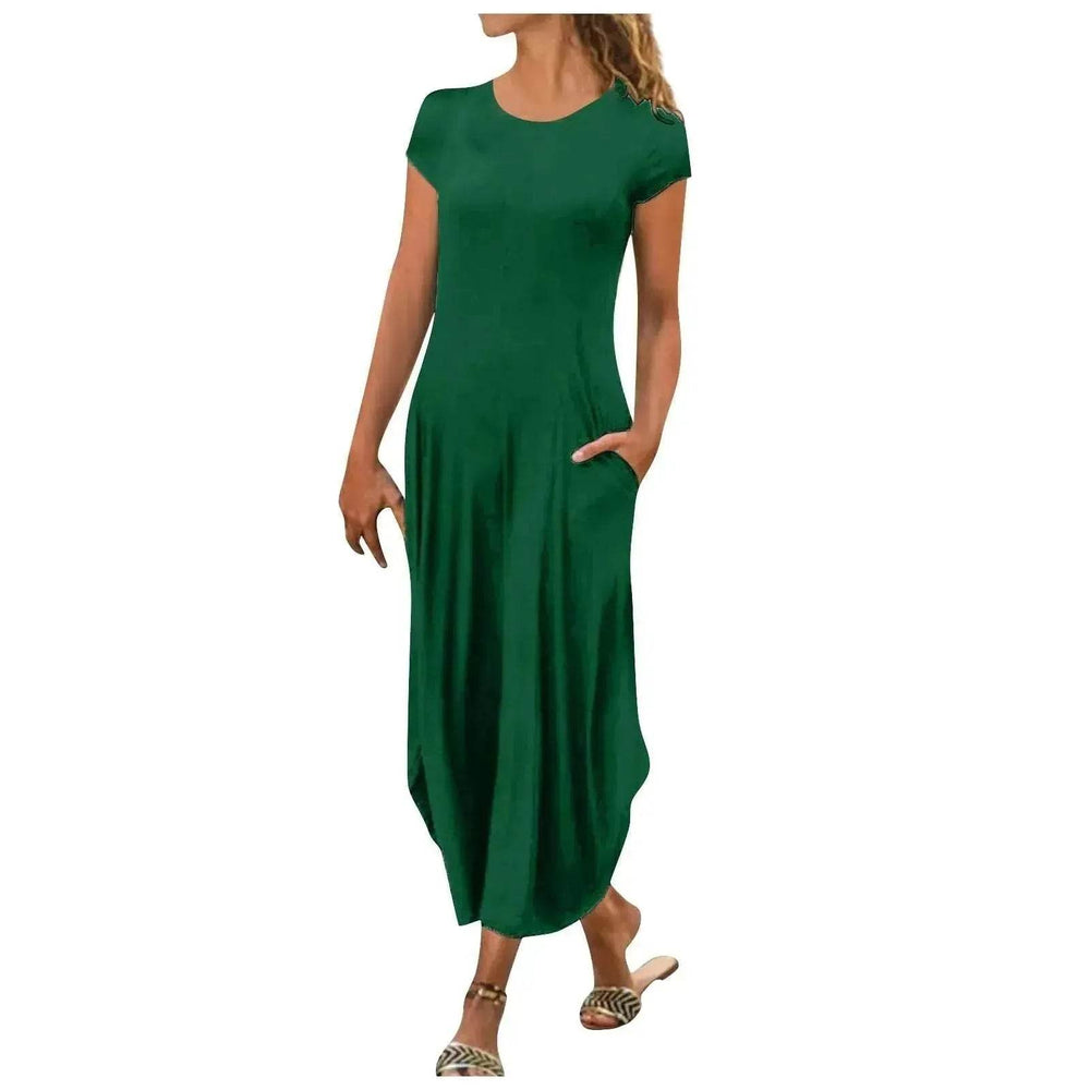 Pullover Short Sleeve Round Neck Mid Waist Solid Color Dress - EX-STOCK Canada