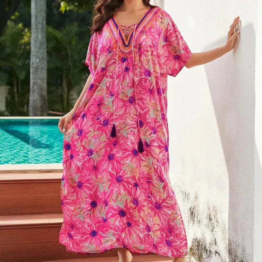 Rayon Rose Red Embroidered Beach Dress Outer Wear - EX-STOCK Canada