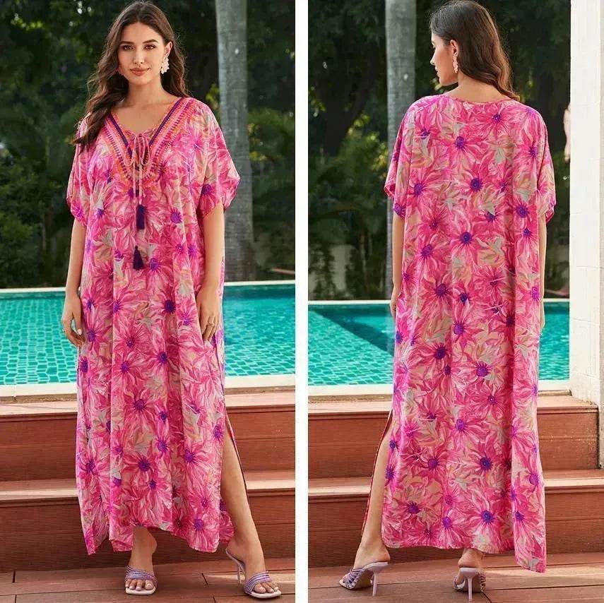 Rayon Rose Red Embroidered Beach Dress Outer Wear - EX-STOCK Canada