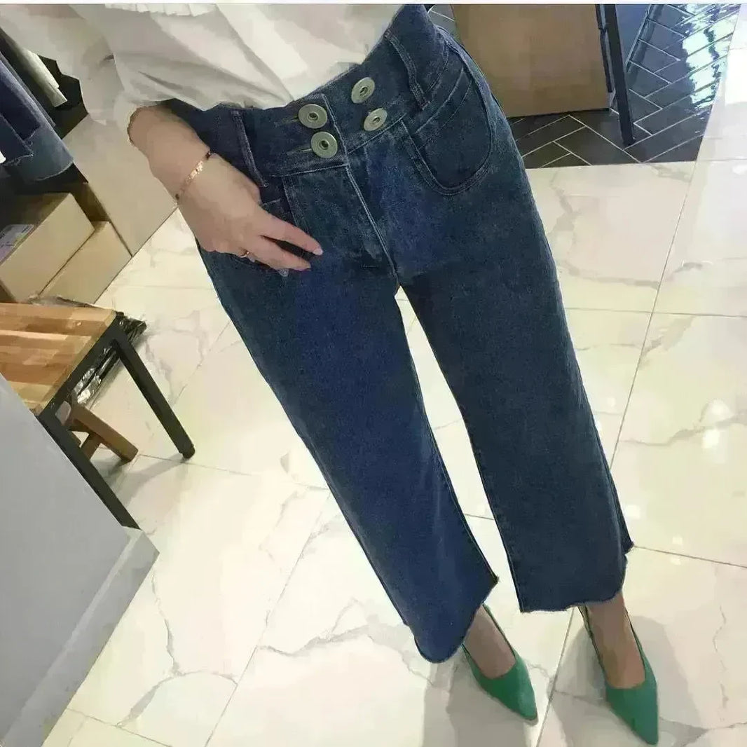 Retro High Waist Wash Double Breasted Pocket Loose Slimming And Wide Leg Denim Trousers For Women - EX-STOCK CANADA