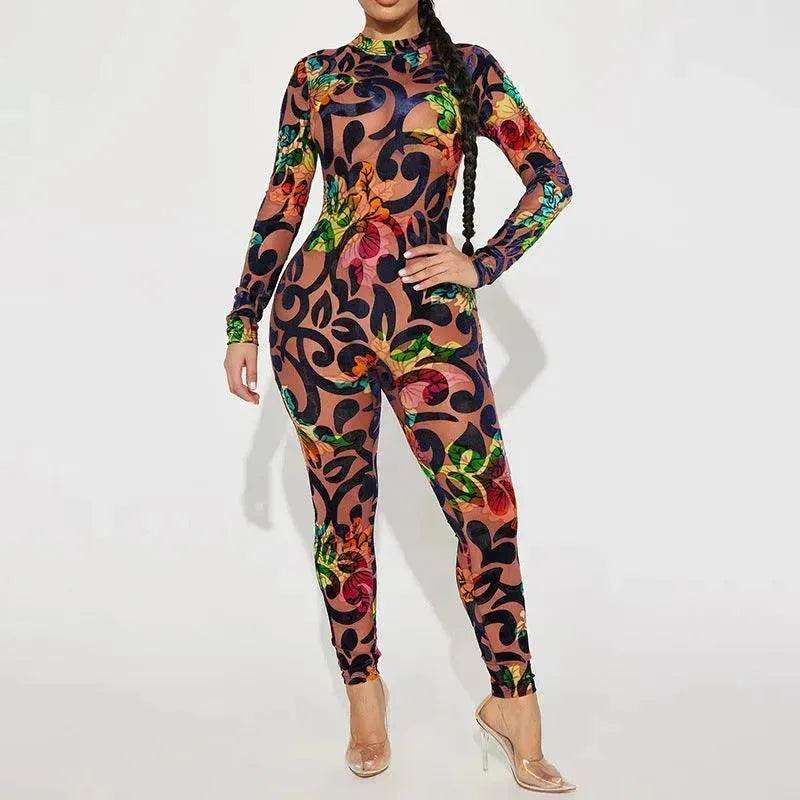 Retro Printed High Elastic Skinny Mesh Jumpsuit - EX-STOCK Canada