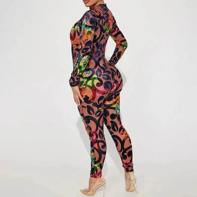 Retro Printed High Elastic Skinny Mesh Jumpsuit - EX-STOCK Canada