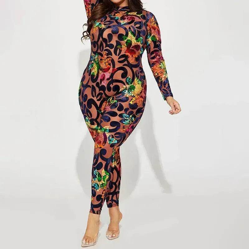 Retro Printed High Elastic Skinny Mesh Jumpsuit - EX-STOCK Canada
