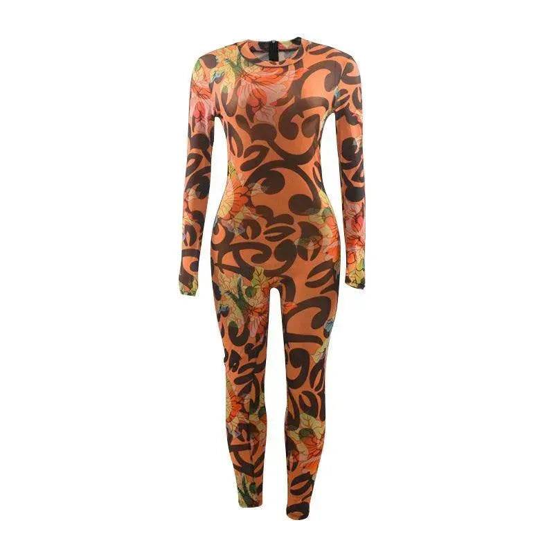 Retro Printed High Elastic Skinny Mesh Jumpsuit - EX-STOCK Canada