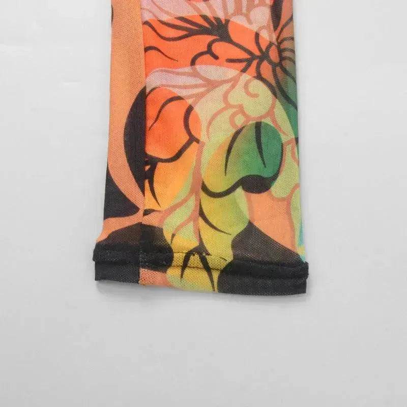 Retro Printed High Elastic Skinny Mesh Jumpsuit - EX-STOCK Canada