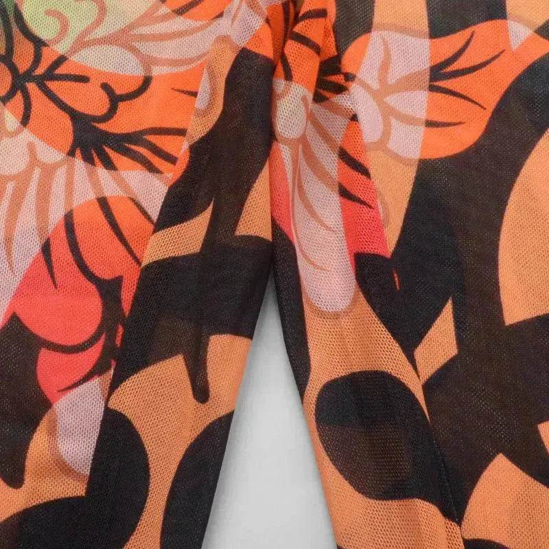 Retro Printed High Elastic Skinny Mesh Jumpsuit - EX-STOCK Canada