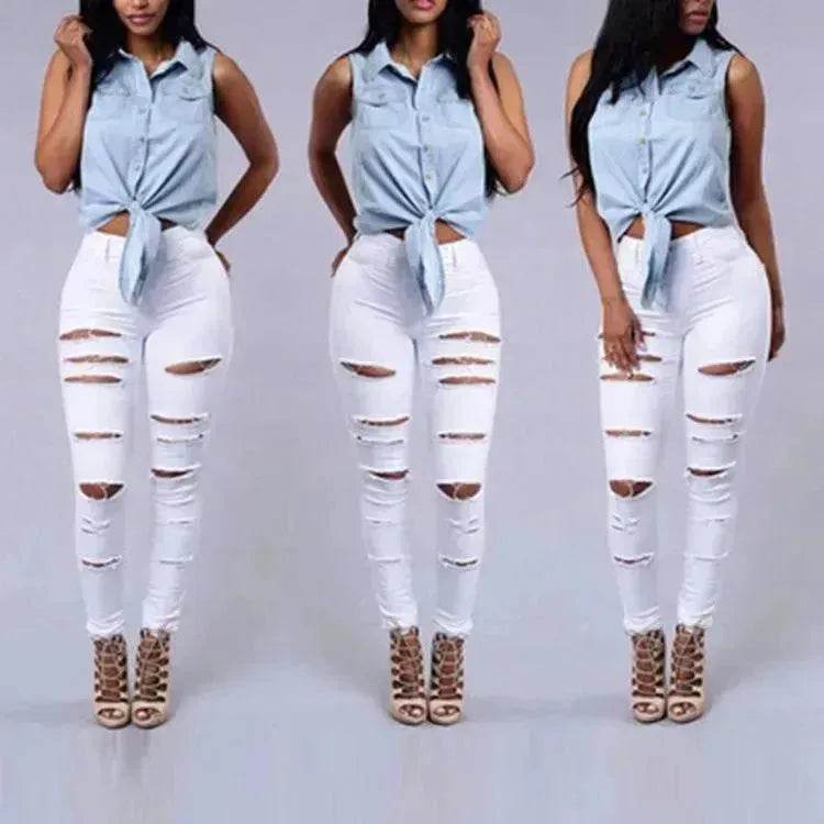 Ripped Jeans Women Skinny Trousers Casual High Waist Pencil Pants - EX-STOCK Canada