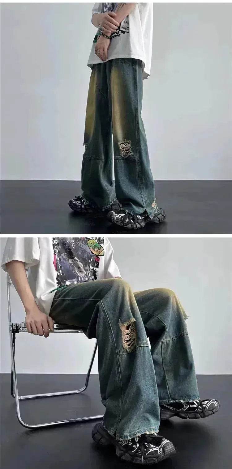 Ripped Retro Blue Contrast Color Jeans - EX-STOCK Canada