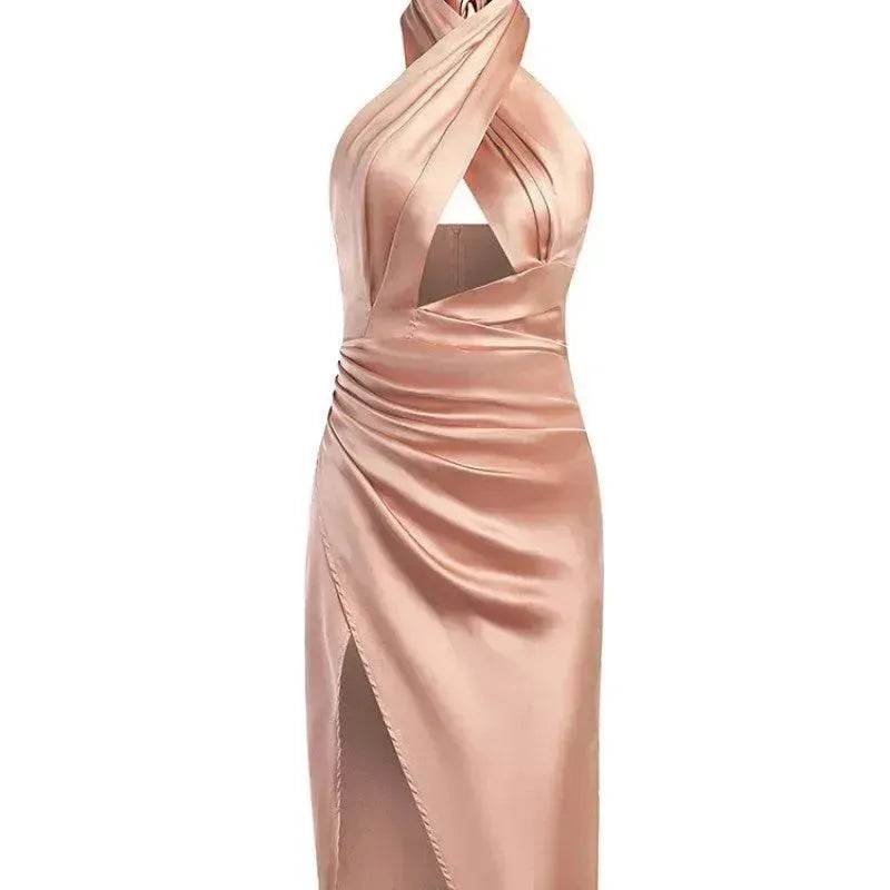 Satin Halter Cross Backless Split Dress - EX-STOCK Canada