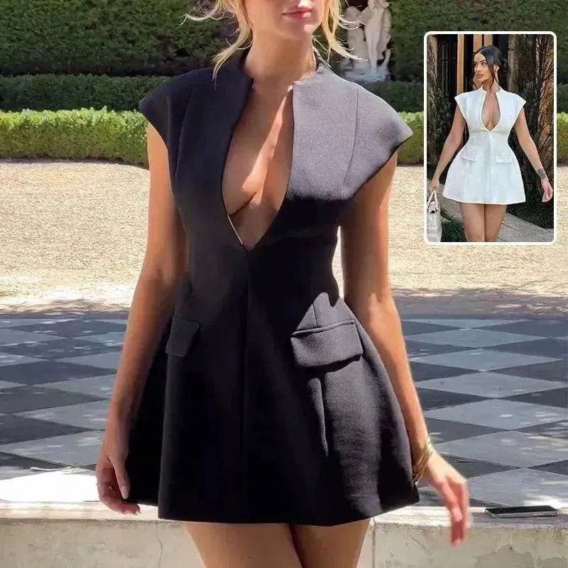 Charming Deep V-neck A-line Mini Dress Summer Fashion French Style Slimming Short Dresses Cardigan Temperament Dress Skirt Hot Girl - EX-STOCK Canada